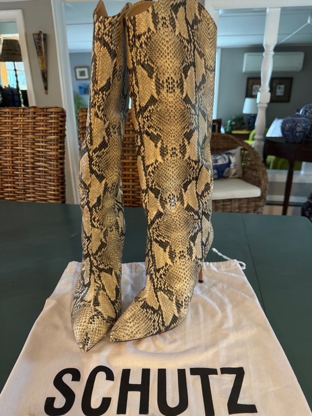 SCHUTZ Beige and Black Snake-Print Knee Boots. Fabulous condition. Super stylish
